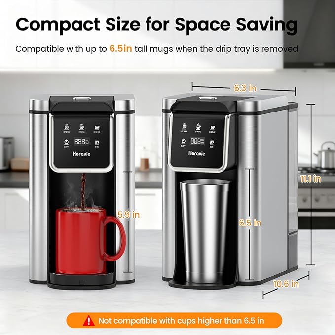 Single Serve Coffee Maker for K-Cup Pod and Grounds, Hot and Iced Coffee Maker, 6 to 14oz Brew Sizes, 50oz Removable Reservoir, Strong Button Feature, Fit 6.5" Mugs, Stainless Steel, Black
