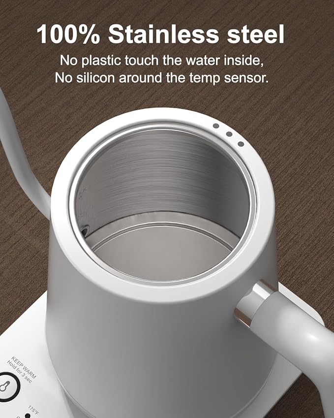 Gooseneck Electric Tea Kettle Pour-Over Kettle for Coffee, with 5 Variable Presets, 100% Stainless Steel Inner, with Keep Warm and Mute Function 0.8L, 1000W Quick Heating, Matte white