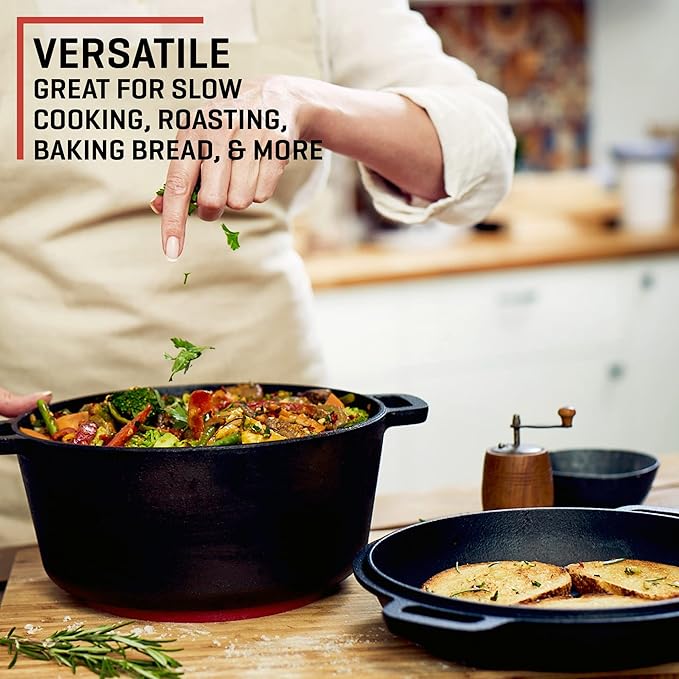 Uno Casa 2-in-1 Cast Iron Dutch Oven Large - 5 Quart Dutch Oven Pot with Lid, Pre-Seasoned Cooking Dish for Bread Baking and Stews - Heavy Duty Cast Iron Pot with Detachable Frying Pan Lid for Versatile Cooking