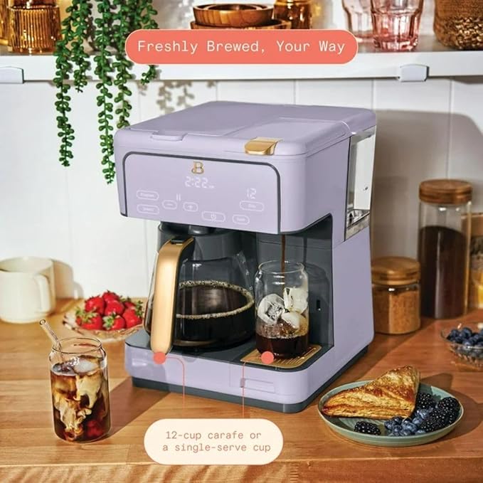 Beautiful Multi-Brew Coffee Maker – 12-Cup Carafe & Single-Serve Pod or Grounds, Iced Coffee Mode, Programmable Touch Display, Includes Filters (Lavender)