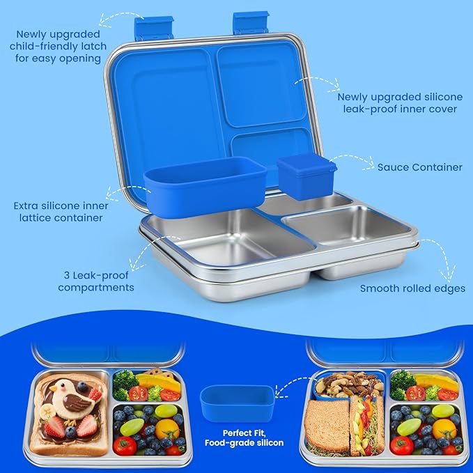 MaMix Stainless Steel Kids Lunch Box, 3 Compartments Leak-Proof Bento Box for Kids for Sandwich, Lunch Containers Freezer Safe (Blue)