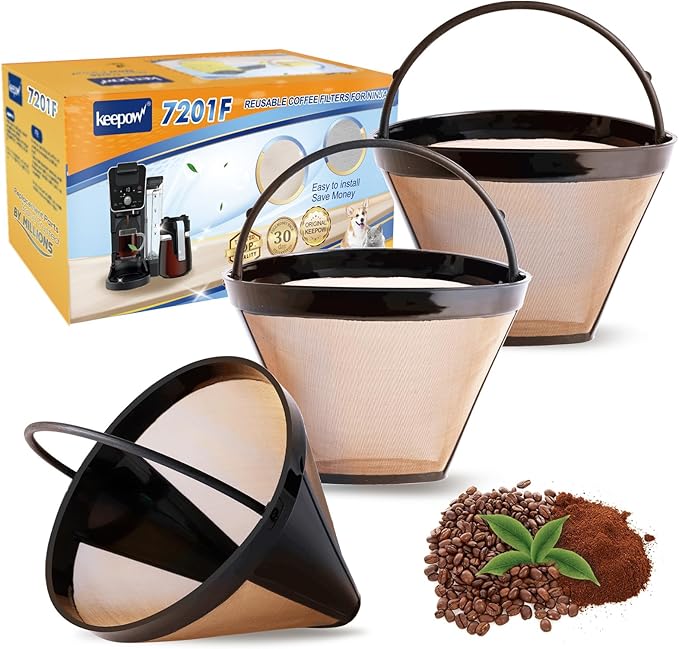 KEEPOW Reusable Coffee Filters 8-12 cup, 3-Pack Cone Coffee Filters #4 Gold Permanent Coffee Filter Compatible with Cuisinart, Ninja CFP301, Hamilton Beach, Size 04 Pour Over Coffee-maker Dripper