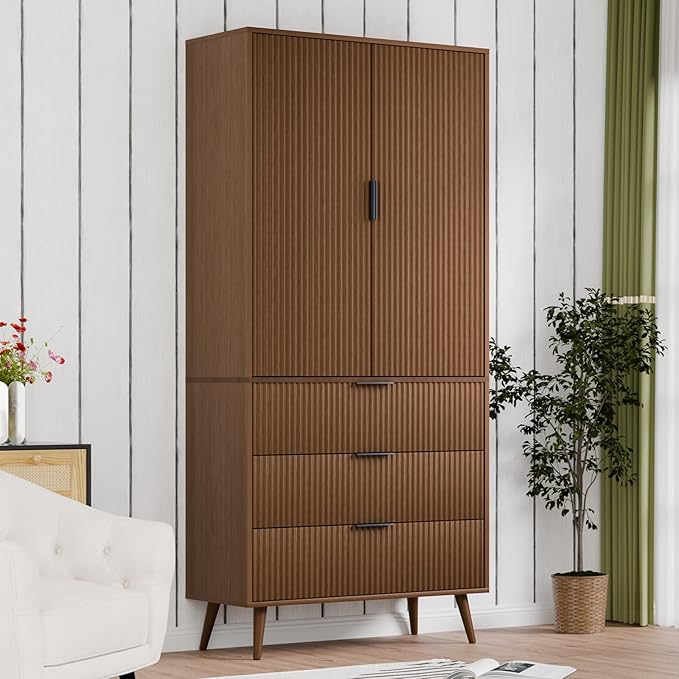 Tall Kitchen Cabinet, Pantry Cabinet with 3 Drawers 2 Doors, Storage Cabinets with Doors, Wood Cupboard with Fluted Panel Design, Tall Fluted Cabinets for Living Room, Kitchen, Walnut
