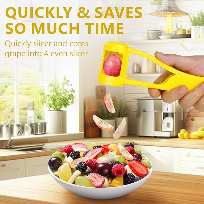Grape Cutter,Stainless Steel Blades Quarter Grape Slicer with 4 Pieces Vegetable Fruit Salad,Slicer Kitchen Tomato Cherry Strawberry Cutter- Yellow