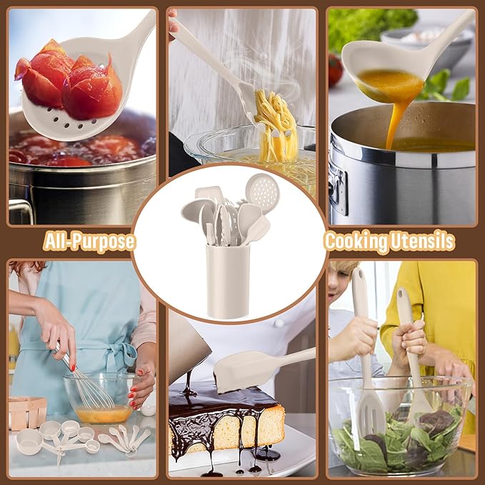 Silicone Kitchen Utensils Set, E-far 23 Pcs Khaki Cooking Utensils Tools with Holder for Nonstick Cookware, Include Spatula/Spoon/Ladle/Tongs/Turner, Heat Resistant & Nontoxic, Dishwasher Safe