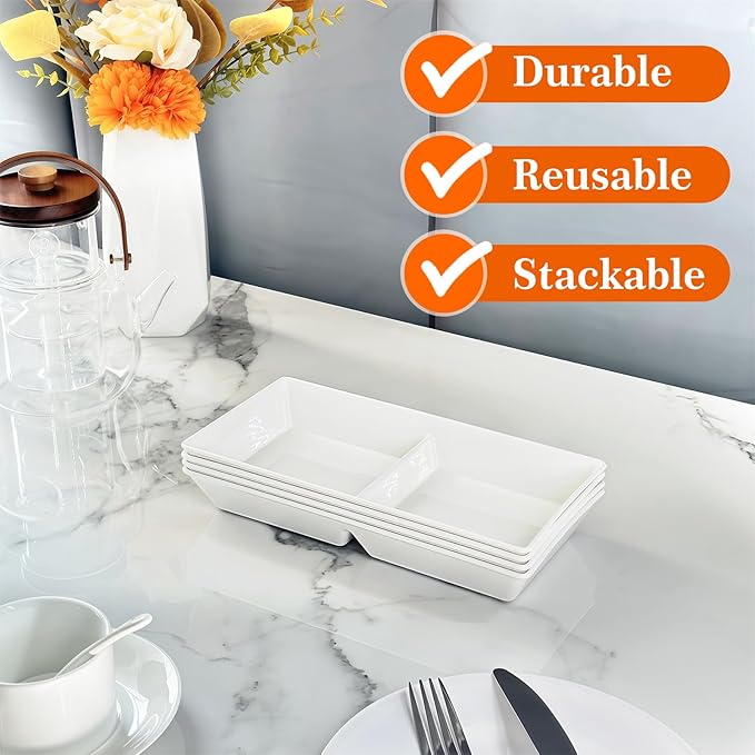 Divided Serving Tray Platter, 2 Pack 10" x 5" Fruit Veggie Food Tray for Party, Plastic Serving Trays for Appetizer, Snack, Dessert, Cookie, Brunch Decorations Platters, White Trays BPA-Free