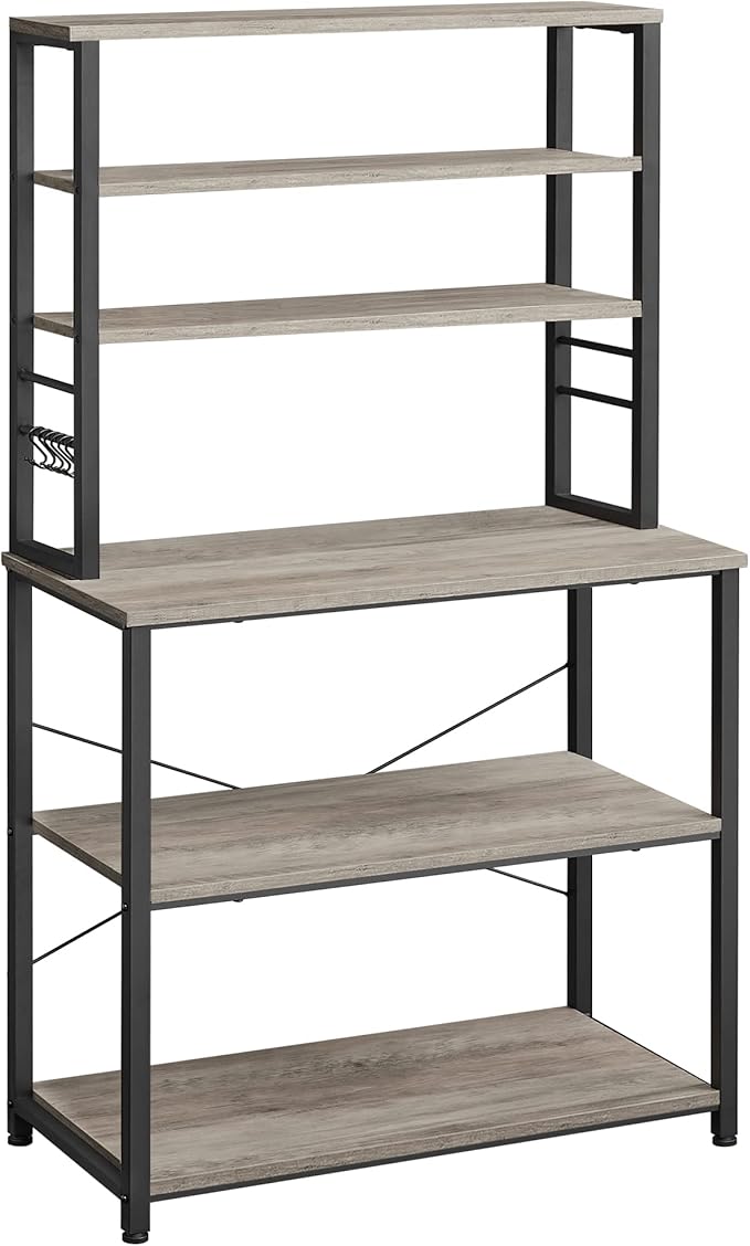 VASAGLE Coffee Bar, 31.5 Inches Baker's Rack for Kitchen with Storage, 6-Tier Kitchen Shelves with 6 Hooks, Microwave Stand, Industrial, Greige and Black UKKS019B02
