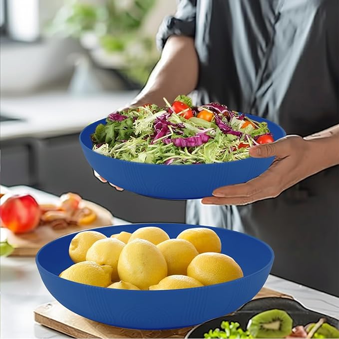 65oz Wheat Straw Large Salad & Soup Bowls Set of 2, Unbreakable, Microwave & Dishwasher Safe, Plastic Bowls for Kitchen, Camping, School - Blue