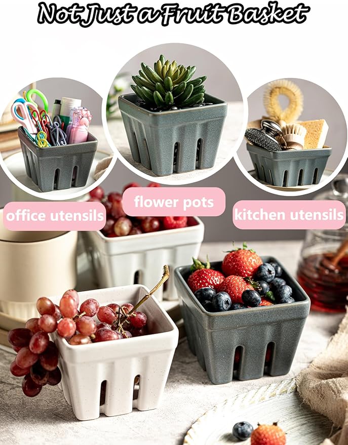 Gomakren Ceramic Berry Basket Set of 2, Square Fruit Bowls with Holes, Fruit Basket Containers for Kitchen, Cute Strawberry Basket for Berries, Grape, Cherry, Slate Blue