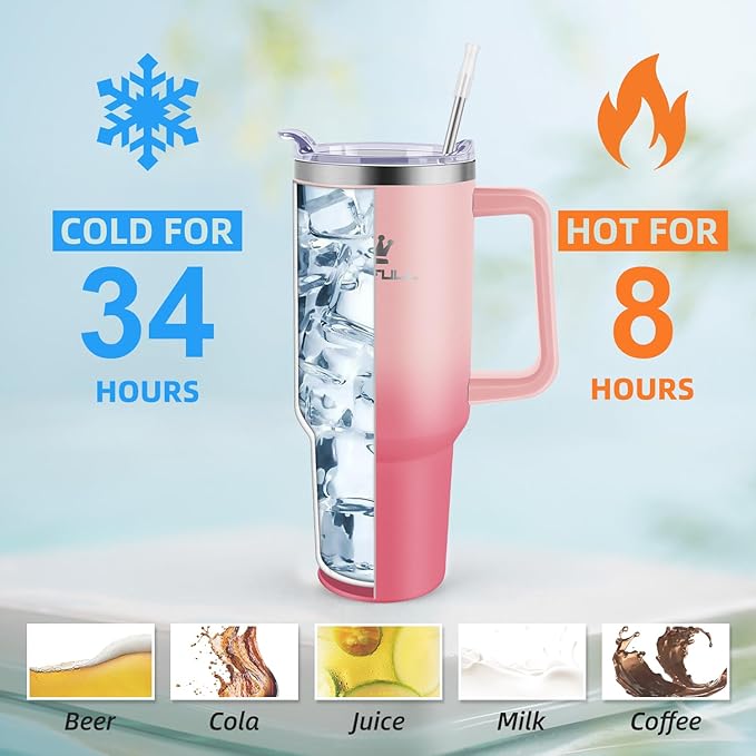 40 oz Tumbler with Handle and Straw Lid, 100% Leak-proof Travel Coffee Mug, Stainless Steel Insulated Cup for Hot and Cold Beverages, Keeps Cold for 34Hrs or Hot for 10Hrs, Dishwasher Safe (PinkRed)