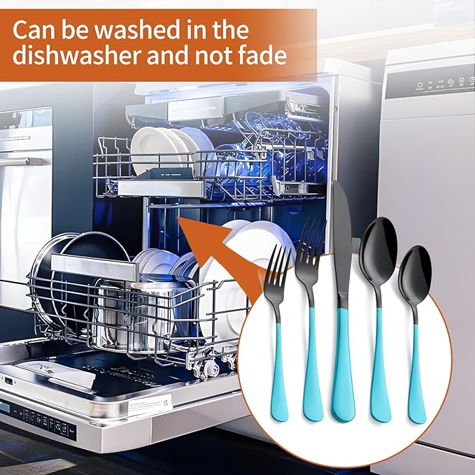 20 Piece Black Sky Blue 18/0 Flatware Utensil Set for 4, Include Dinner Knife,Dinner Forks,Dinner Spoons,Salad Forks,Teaspoons,Silverware Set for 4, Dishwasher Safe