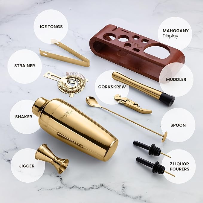 Mixology & Craft Bartender Kit: 10-Piece Cocktail Shaker Set with Dark Bamboo Stand | Complete at Home Bar Set with Bar Accessories | Great Housewarming Gift | Leak-Proof Design (Gold)