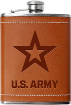 Leather Wrapped 8 oz Army Flask | Stainless Steel USA Hip Flask – Tobacco Brown, US Army Gifts | Disabled USMC Vet Owned SMALL Business