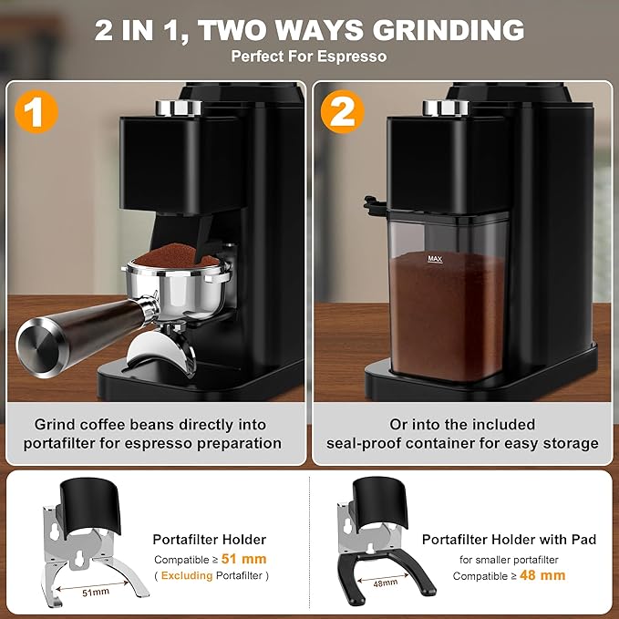 Conical Burr Espresso Coffee Grinder Electric, Coffee Bean Grinder for Home Use Upgraded 48 Grind Settings, 35s Precision Timer, Anti-Static for Pour Over/Drip/French Press, Stainless Steel Black