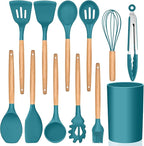 Kitchen Utensils Set of 12, E-far Silicone Cooking Utensils with Holder, Non-stick Cookware Friendly & Heat Resistant, Includes Spatula Tong Whisk Ladle Brush Slotted Turner Spoon(Teal Blue)