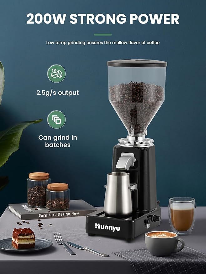 Huanyu Burr Coffee Grinder- Stainless Steel Flat Burr, 19 Precise Grind Settings, 35oz Capacity and Dual Dosing for Espresso, Hand Punch, French Press Black