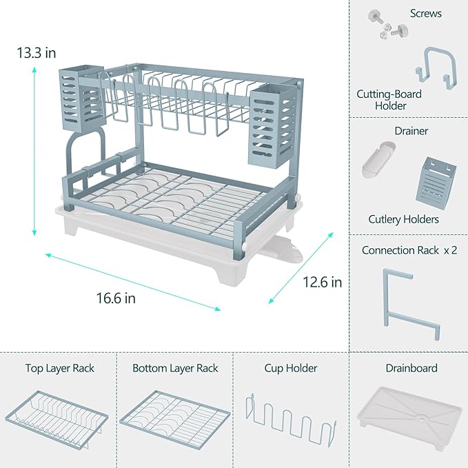 B-Land Dish Drying Rack, 2 Tier Dish Racks for Kitchen Counter, Large Dish Drying Rack with Drainboard & Utensil Holders, Rust-Proof Dish Drainers,Kitchen Organization