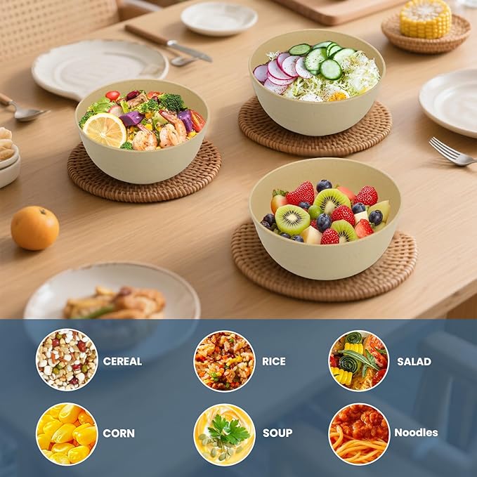 Wheat Straw Bowl, 26 OZ Cereal Bowls Set of 6, Unbreakable Plastic Bowls Reusable, Dishwasher and Microwave Safe Bowls for Kitchen, Camping, Serving Bowl for Soup, Cereal, Salad (Beige)