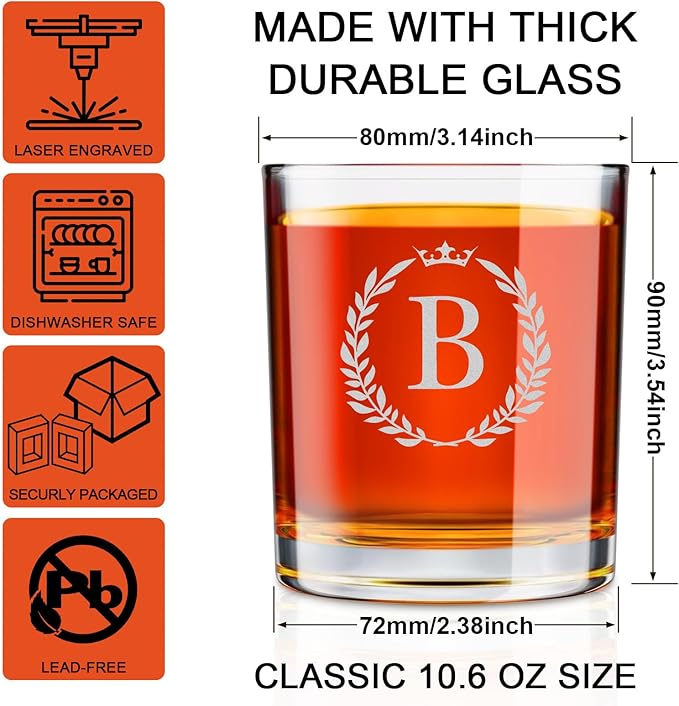 Personalized Whiskey Glasses Gifts for Men, Monogrammed Engraved A-Z 10.6 oz Rocks Glass Customized Gift, Unique Christmas Birthday Gifts for Men Him Dad Husband Brother Son (B)