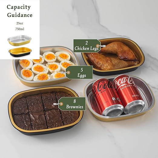 Oval Aluminum Foil Pans with Snap-On Lids (5 Pack) | 2X Thicker Heavy Duty Reusable Container 25oz for Take-Out (Black)