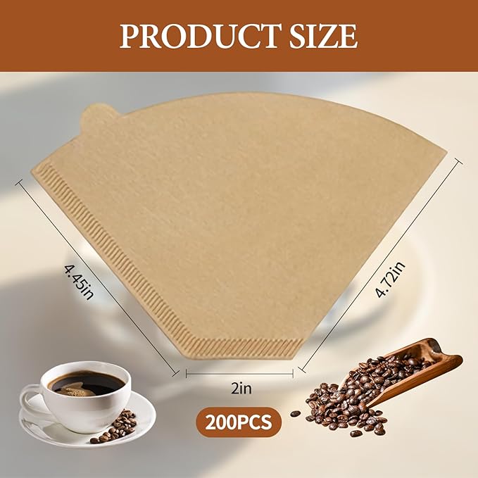 200 Count #4 Cone Coffee Filters 8-12 Cup, Natural Unbleached Disposable Coffee Filters, Compatible with Pour-Over and Drip Coffee Makers.