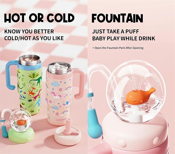 Stainless Steel Whale Fountain Tumbler with Handle 2025 Drinking Cup with Whale Squirt Insulated Travel Tumblers Kids Weighted Sippy Cup No Spill Cute Water Bottle with Lids and Straws Leak Proof (A3)