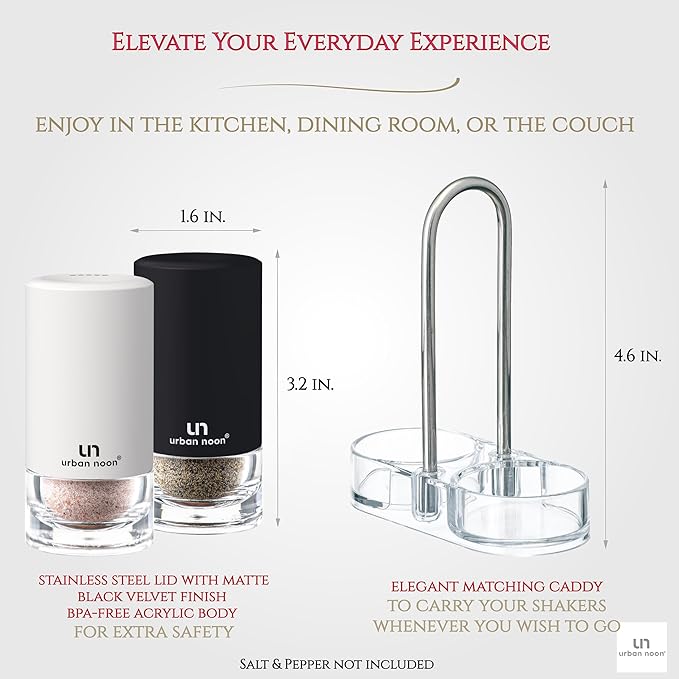 Black and White Salt and Pepper Shakers with Holder - Elegant Stainless Steel Salt Shaker and Pepper Shaker Set with Acrylic Holder for Kitchen Counter or Restaurant Table