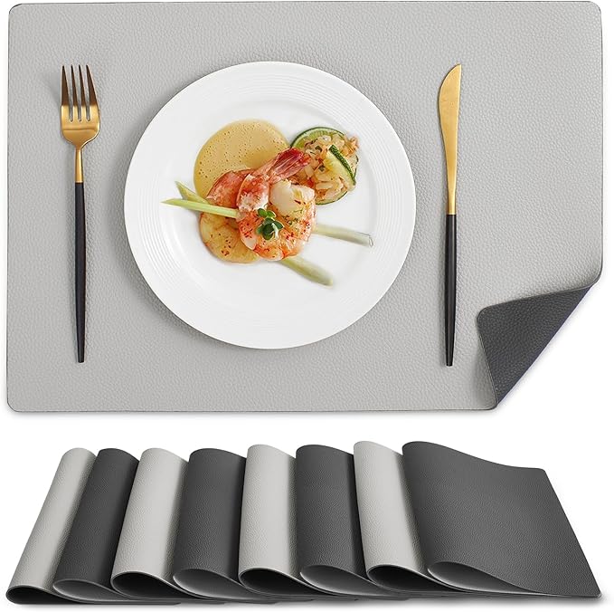 MOSAYT Vinyl Placemats Set of 8, Heat Resistant Place Mats 100% Waterproof Washable & Wipeable Faux Leather Reversible Table Mats for Kitchen Dining Party Indoor Outdoor, 12" x 17", Dark Light/Grey
