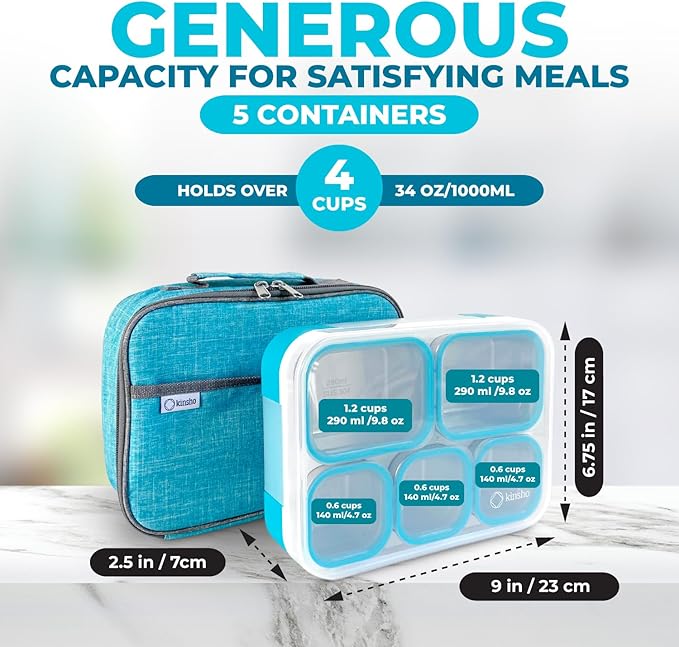 Stainless Steel Kids Bento Lunch-Box with Lunch Bag Ice Pack for Toddler Kids Adult, Leak-Proof School Lunch Container Boxes, Snack Food Containers for Daycare, 5 Compartment Snackle-Box 34 oz Blue