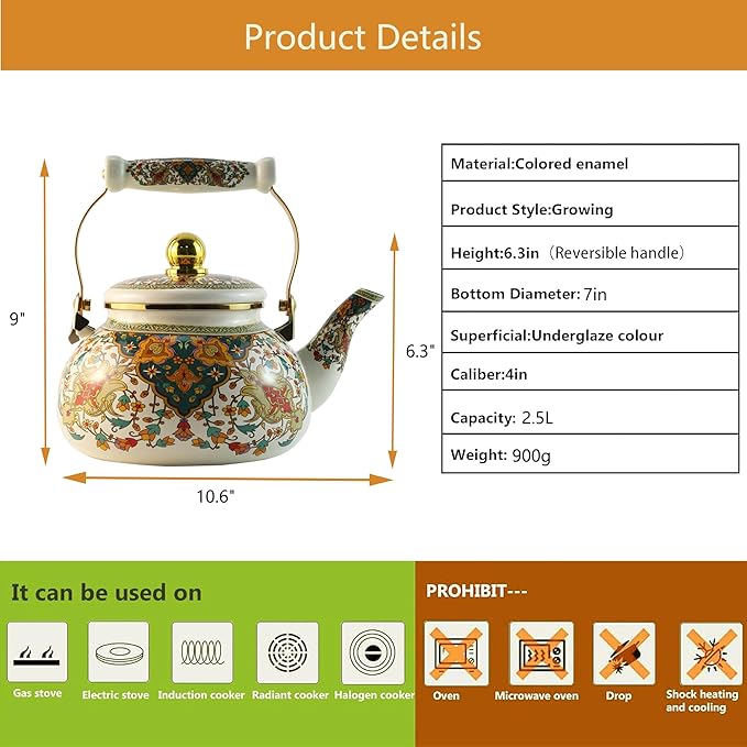 Floral Enamel Tea Kettle Vintage Gold Beige Teapot Colorful Boho Hot Water Coffee Kettle Pot 2.5L Porcelain Tea Pot with Ceramic Handle for Stovetop Hot Water Kitchen Decor