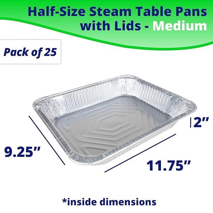IDL Packaging Half-Size Aluminum Steam Table Pans with Lids - Medium, 13" x 11" x 2" (pack of 25) - Disposable Foil Pan for Grilling, Roasting, BBQ, Cooking, Baking, Freezing