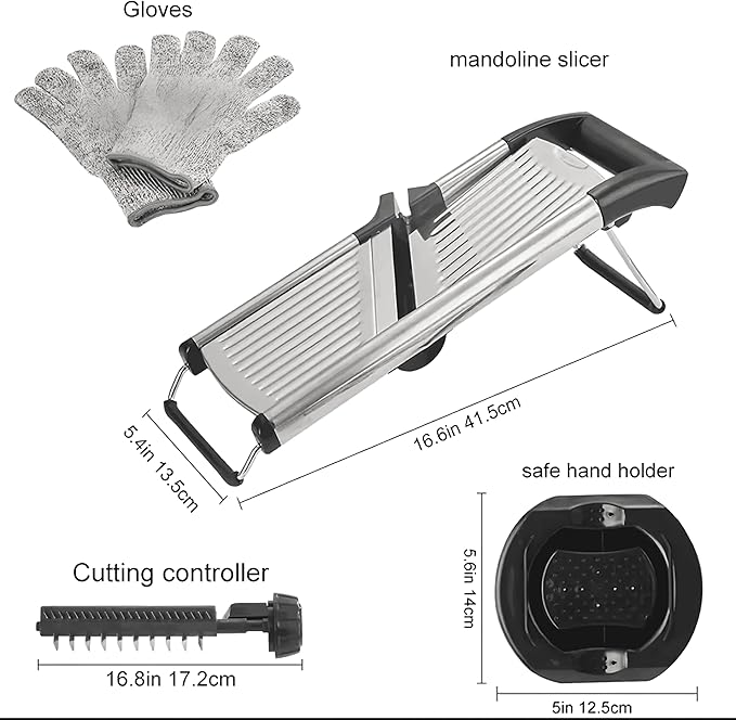 Mandoline Slicer for Kitchen, Adjustable Stainless Steel Vegetable Slicer and Chopper, Food Slicer with Julienne Cutter, Potato, Onion, Tomato, Cucumber and Salad Chopper with Safety Gloves