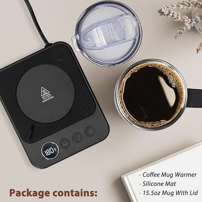 Coffee Mug Warmer & Mug Set for Desk, 36W Mug Warmer with Temperature Display, 1-12H Timer & 6 Temperature Settings, Fast Heating, Auto Shut Off, Smart Coffee Cup Warmer for Coffee (Black Set)