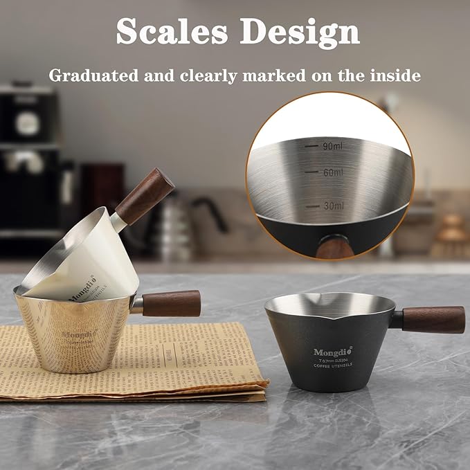 Mongdio Espresso Measuring Cup, Stainless Steel Espresso Shot Cups with Wooden Handle and Double Spouts, 3.4OZ/100ML, Black
