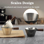 Mongdio Espresso Measuring Cup, Stainless Steel Espresso Shot Cups with Wooden Handle and Double Spouts, 3.4OZ/100ML, White