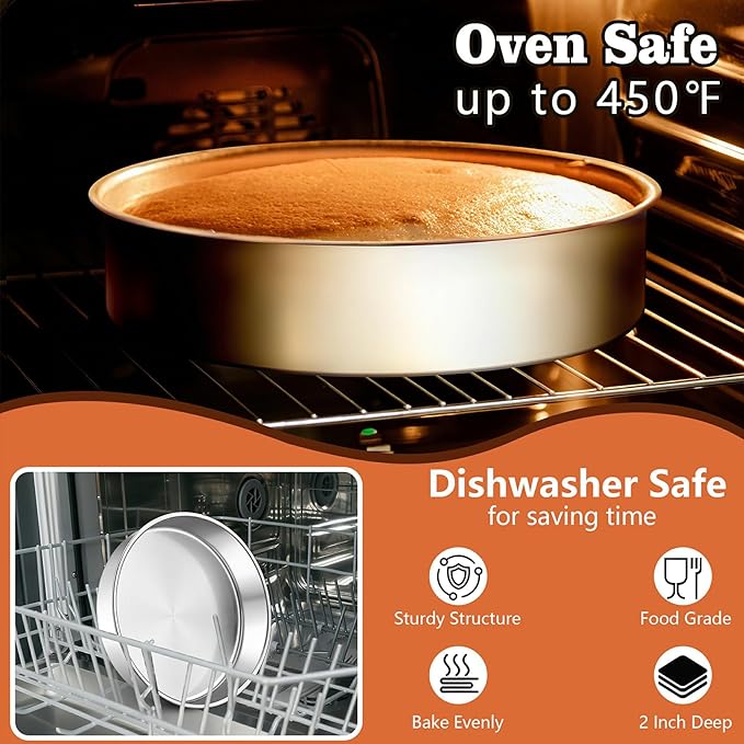 LIANYU 9 Inch Round Cake Pan Set of 2, Stainless Steel Wedding Oven Cake Pan Set for Baking, Metal Round Baking Tin Pan Mold, Deep Bakeware for Layer Birthday Cake, Mirror Polished, Dishwasher Safe