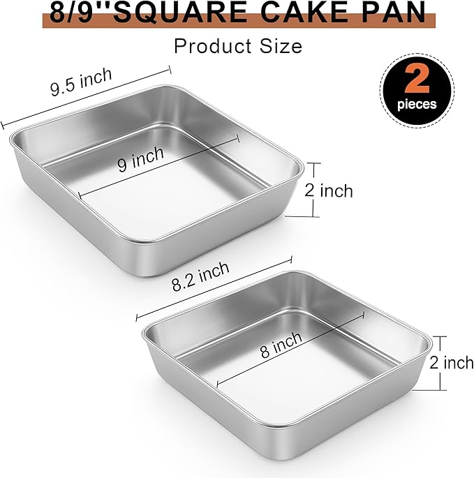 LIANYU 8/9 Inch Square Baking Cake Pan, Stainless Steel Brownie Bread Cake Molds, Square Bakeware for Lasagna Pie, Oven & Dishwasher Safe