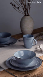 Famiware Aegean Stoneware Dinnerware Set for 4, Plates and Bowls Sets, 12-Piece Scratch-Resistant Dinner Plate Set, Handmade Irregular Round Dishes - Microwave and Dishwasher Safe, Blue Grey