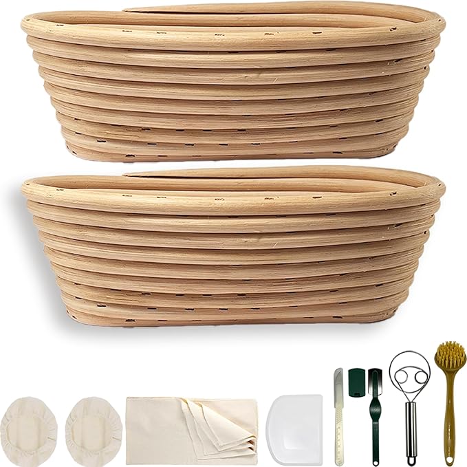 Natural Unbleached Banneton, Sourdough Bread Proofing Basket Kit, 2x 10 Inch Oval Basket with BreadMaking Baking Supplies Tools, Banneton Basket Gift Set - Primary Color