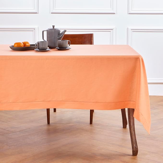 Solino Home Linen Tablecloth 60 x 144 Inch - Classic Hemstitch 100% Pure Linen Coral Table Cloth for Rectangle Tables - Machine Washable Tablecloth for Summer