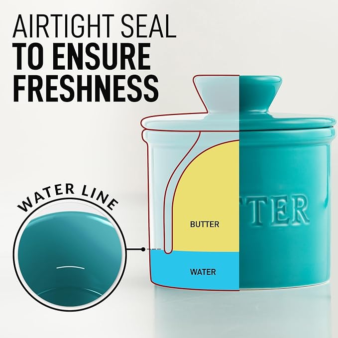 Zulay Kitchen Porcelain Butter Crock With Lid & Knife - Authentic French Butter Dish For Fresh & Spreadable Butter - Turqoise