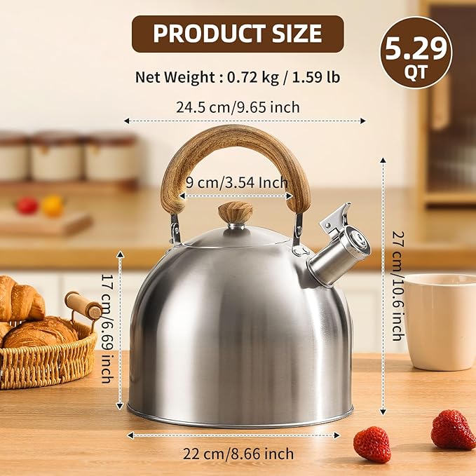 18/8 Stainless Steel Tea Kettle for Stovetop (5L / 5.29 Quart, Whistling Tea Pot, Wood Handle)-Silver