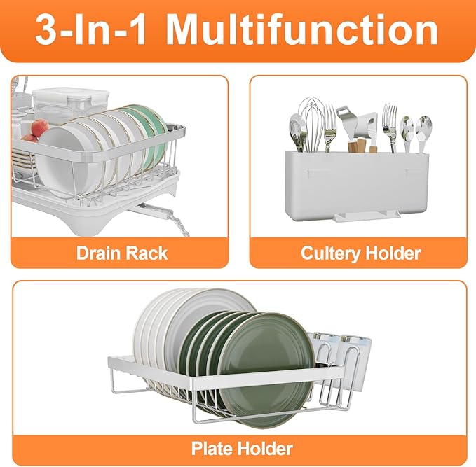 Dish Drying Rack - 304 Stainless Steel Dish Rack for Kitchen Counter, Adjustable Spout Auto-Draining Dish Rack, 2-Tier Kitchen Organizers and Storage Rack with Drainboard and Cutlery Holder White
