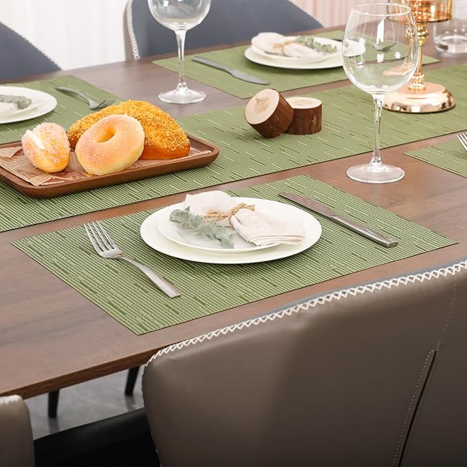 Myir JUN Placemats Set of 6, Vinyl Woven Placemats Place Mats Indoor Washable Table Mats Non-Slip Place mats for Dining Table (Green, Set of 6)