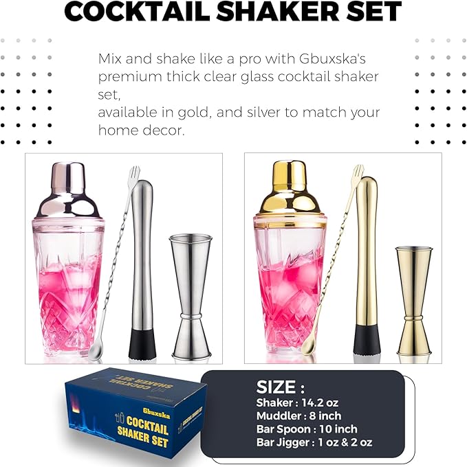 Cocktail Shaker Set - Glass Mixed Drink Shakers Cocktail Set, Martini Shaker with Strainer for Bars, Whiskey, Cocktails (Silver Set)