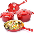 Hisencn Enameled Cast Iron Cookware Set - 7 Piece Dutch Ovens Set, Sauce Pan, Skillet, 3 Lids, Pots and Pans Set, Ceramic Coated Cast Iron, Heavy Duty, Gas/Induction Compatible, PFA Free, Rouge Red