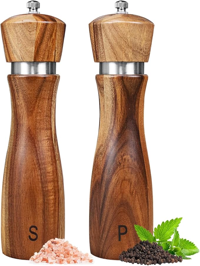 2 Pack Acacia Wood Salt and Pepper Grinder Set, Wooden Salt and Pepper Mill Set Salt and Pepper Shaker Tableware Birthday Gifts Ceramic Core-8 Inch