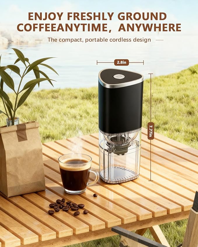 Portable Electric Coffee Grinder，Automatic Coffee Grinder with USB Type-C wireless charging design，Adjustable Coarse to Fine for coffee beans, grains, cleaning brush + cable Includes (black)