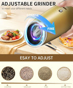 CIRCLE JOY Gravity Electric Salt and Pepper Grinder Set with 2-Speed, Rechargeable Salt and Pepper Grinder Set, Adjustable Coarseness, Whiet LED Light