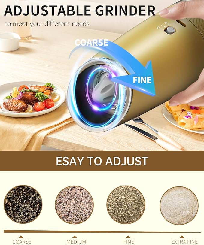 CIRCLE JOY 2-Speed Gravity Electric Pepper Grinder, Rechargeable Salt Grinder Pepper Mills, Adjustable Coarseness, White LED Light, 135ML Large Capacity, Gold
